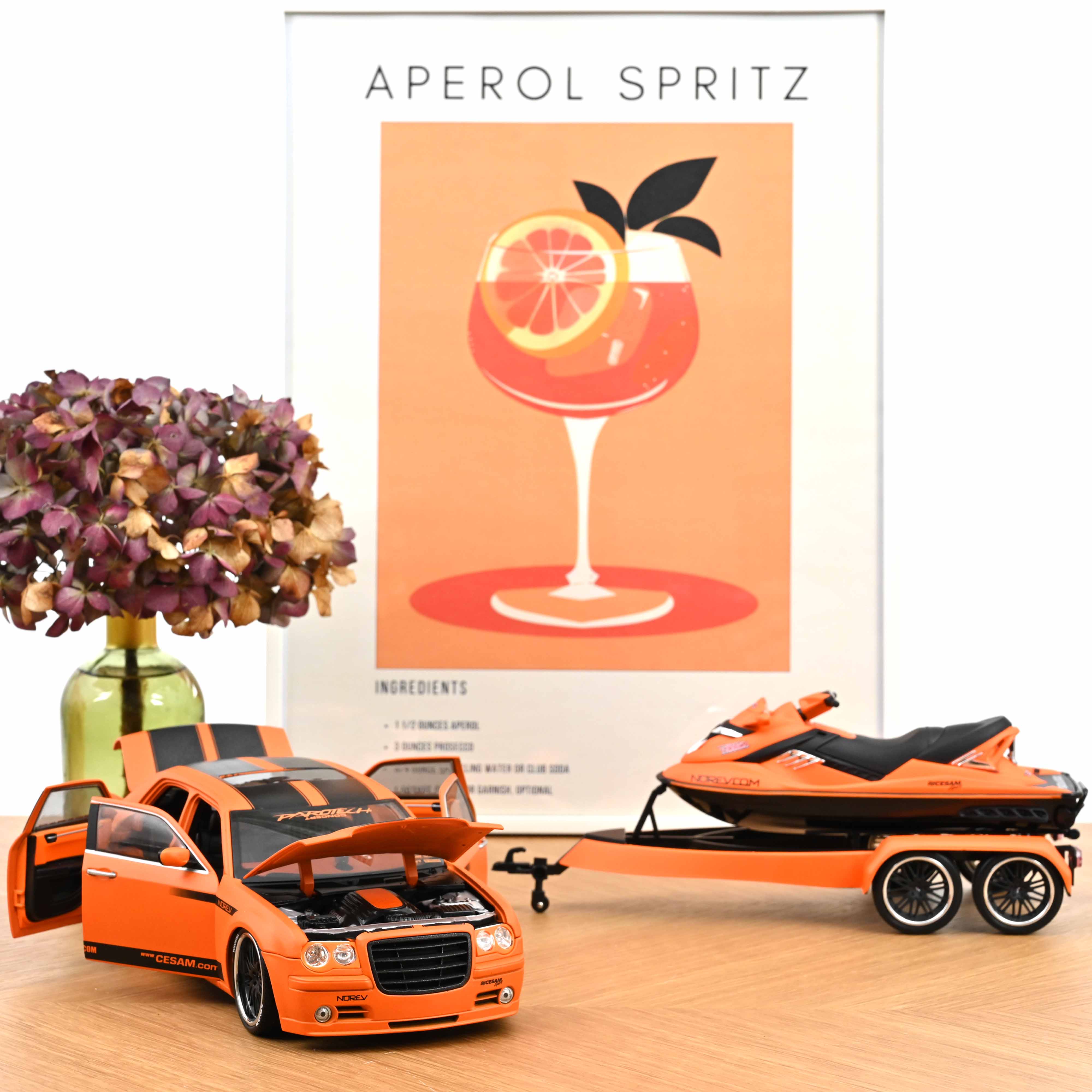 Chrysler 300C Norev by Parotech+Jet Ski Parotech Orange/Noir 1/18 - Image 2