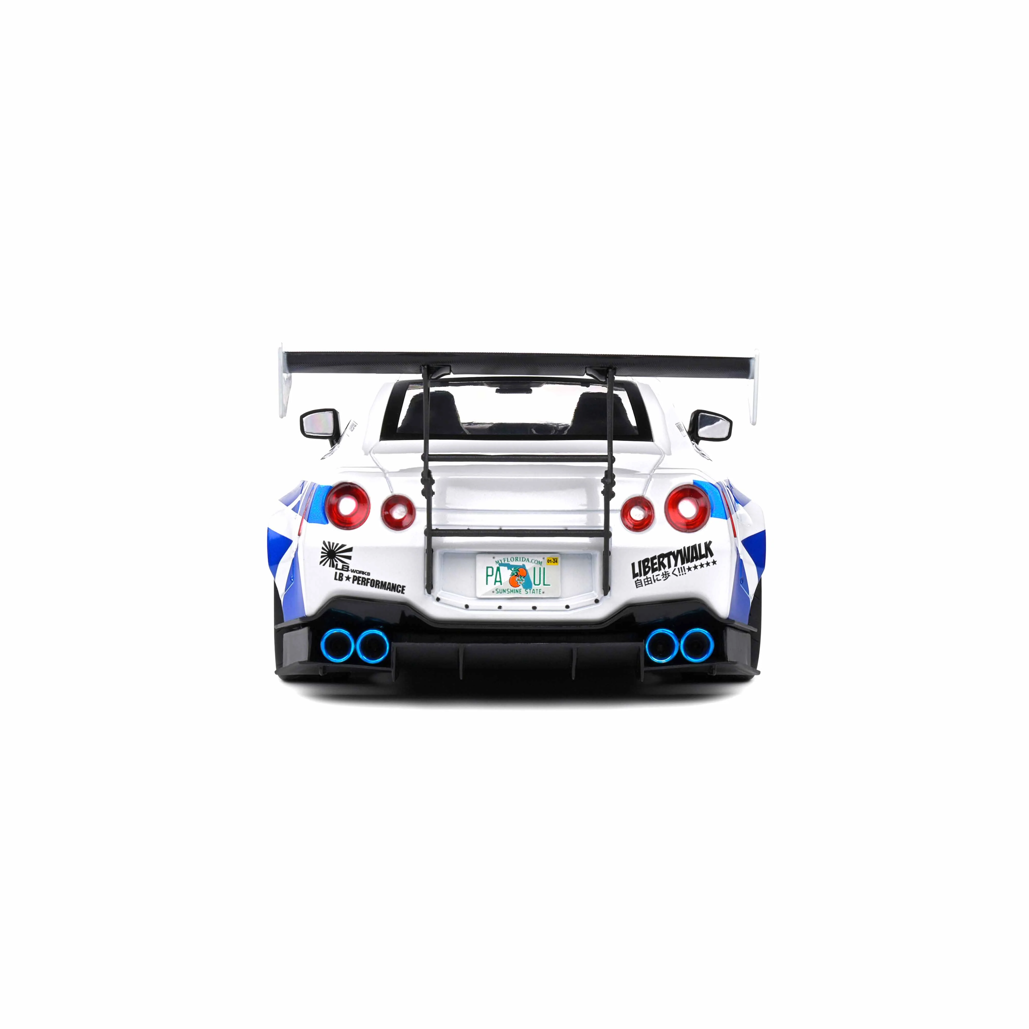 Nissan GT-R (R35) W/Liberty Walk Body Kit 2.0 Rayures Blanc/Bleu 1/18 - Image 3