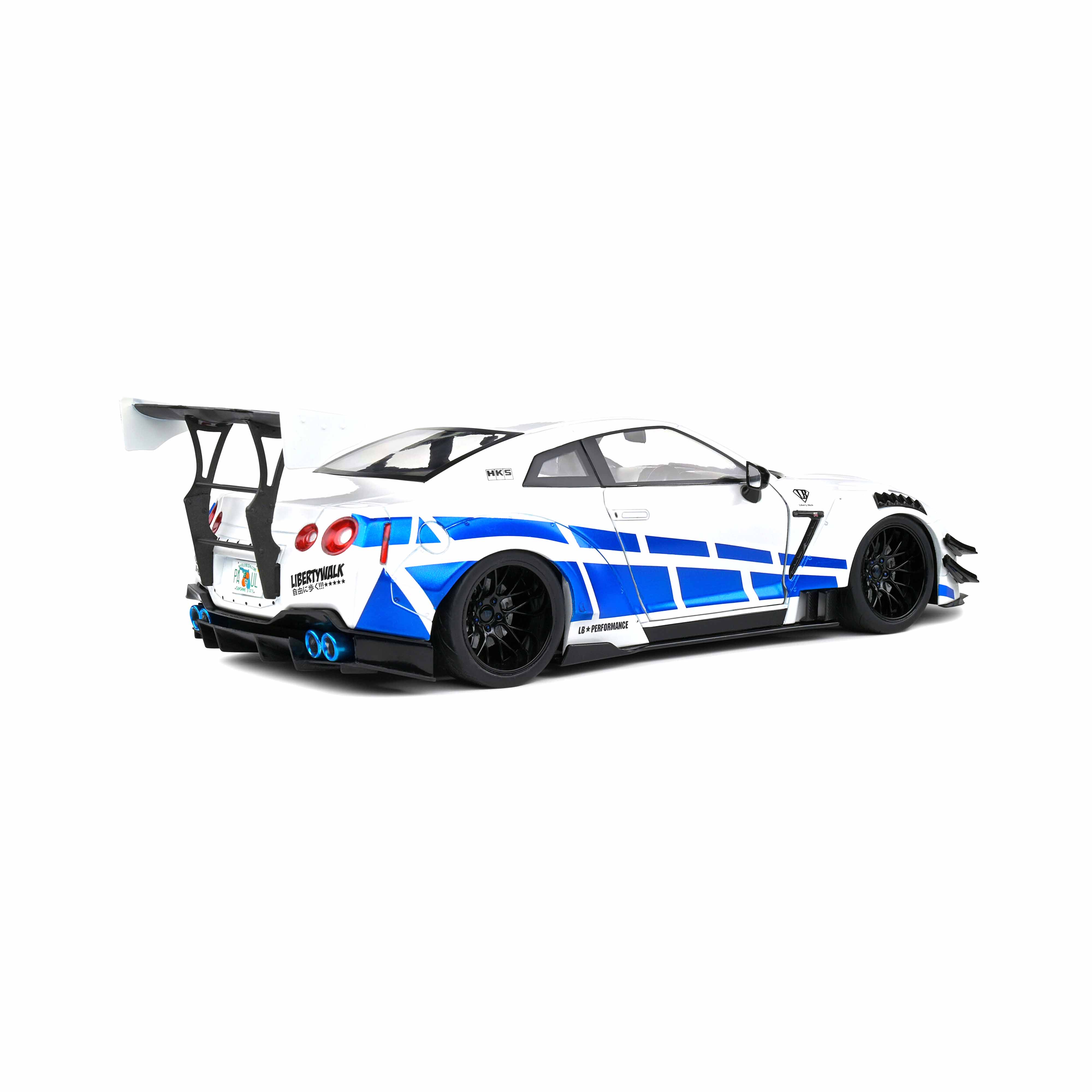 Nissan GT-R (R35) W/Liberty Walk Body Kit 2.0 Rayures Blanc/Bleu 1/18 - Image 4