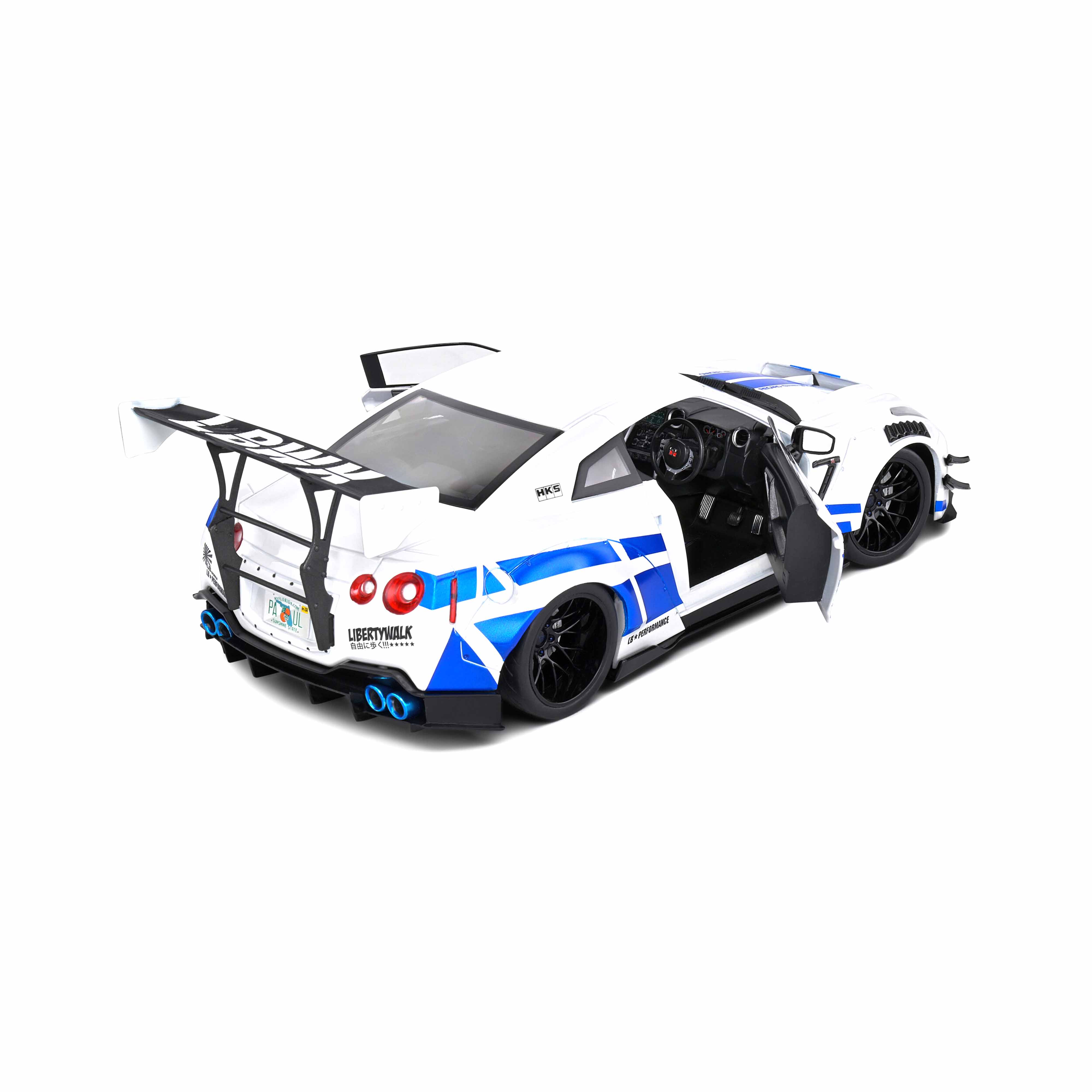 Nissan GT-R (R35) W/Liberty Walk Body Kit 2.0 Rayures Blanc/Bleu 1/18 - Image 7